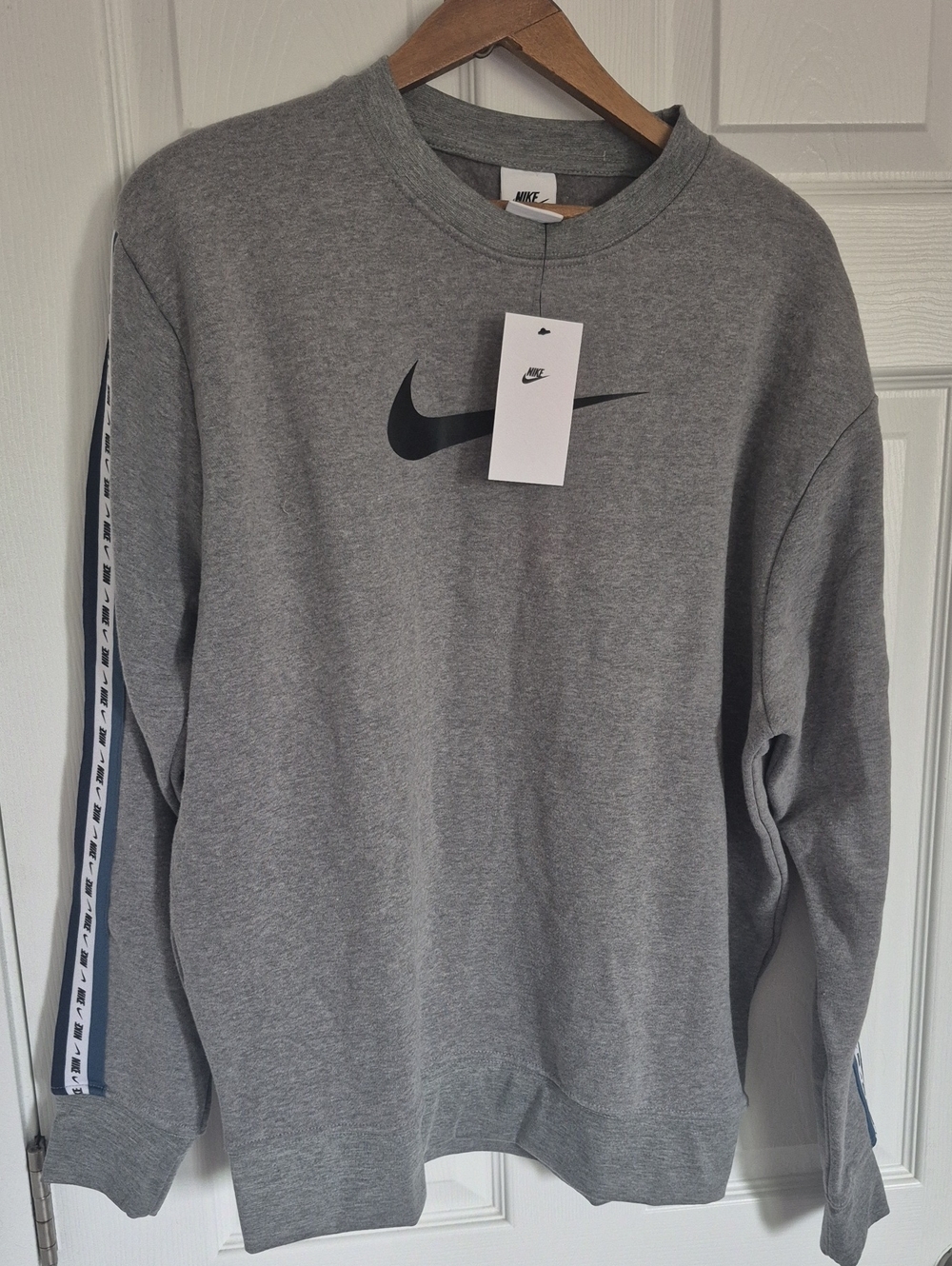 Nike Grey Crewneck Sweatshirt with Black Swoosh and Stripe Tape
